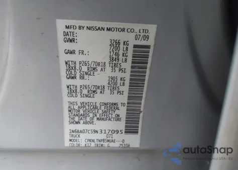 2009 Nissan Titan Se from USA, damaged, VIN 1N6BA07C59N317095